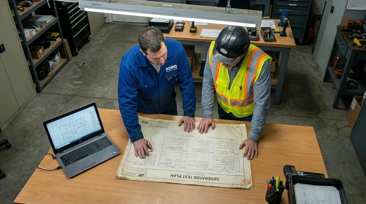 Electrician inspecting commercial emergency power generator controls before testing
