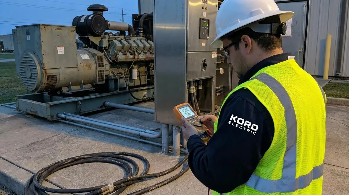 Technician checking emergency generator fuel, batteries, and control systems