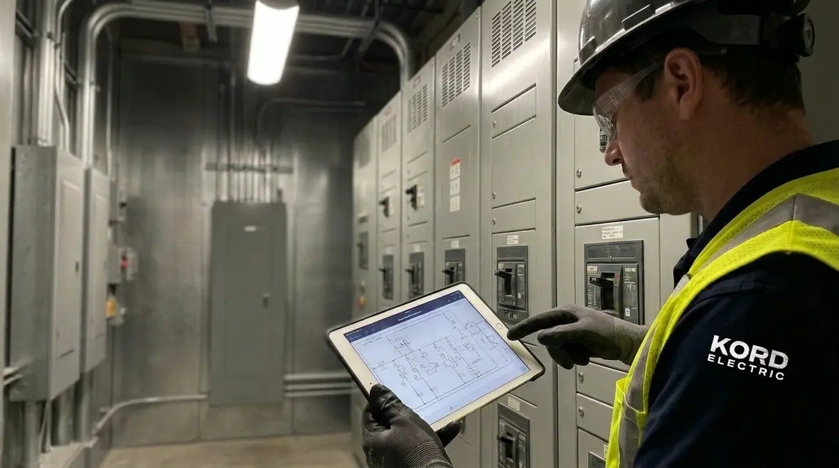 Technicians reviewing emergency power outage prevention strategies in a commercial electrical room
