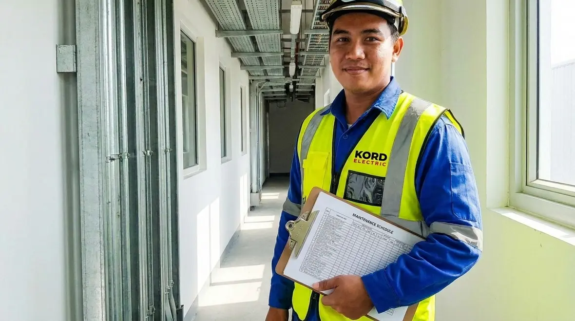 Kord Electric technicians inspecting commercial electrical panels to prevent outages