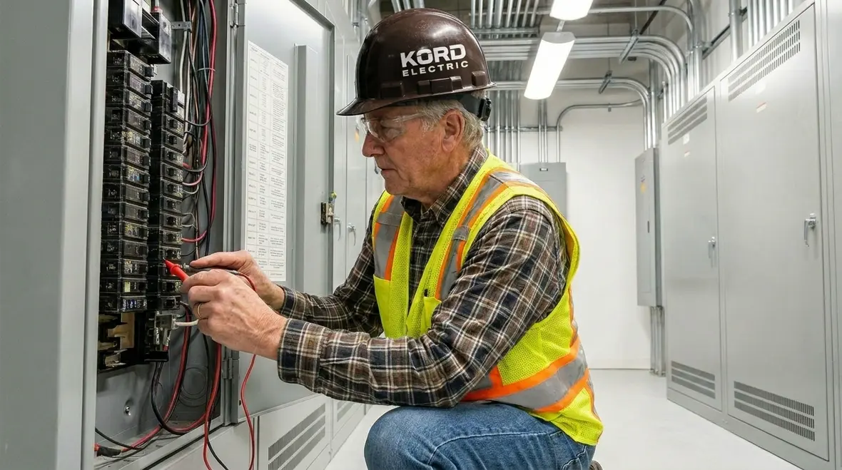 Electrical technician performing preventive maintenance on commercial switchgear