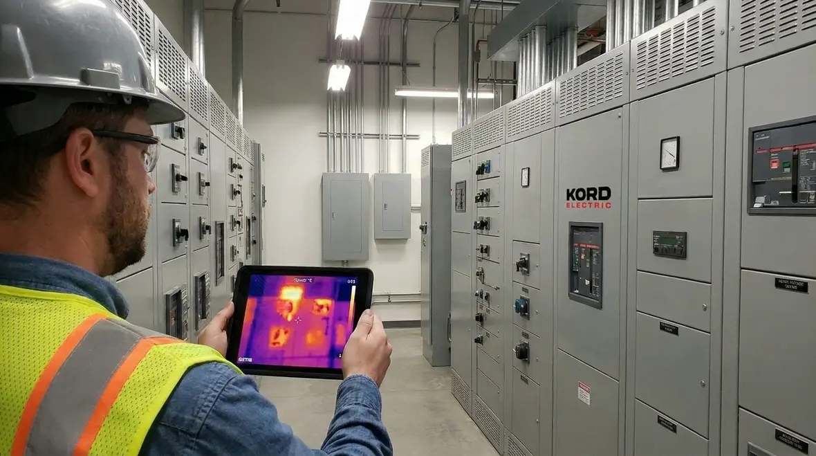 Technician performing inspection and testing routines on electrical switchgear to prevent overheating