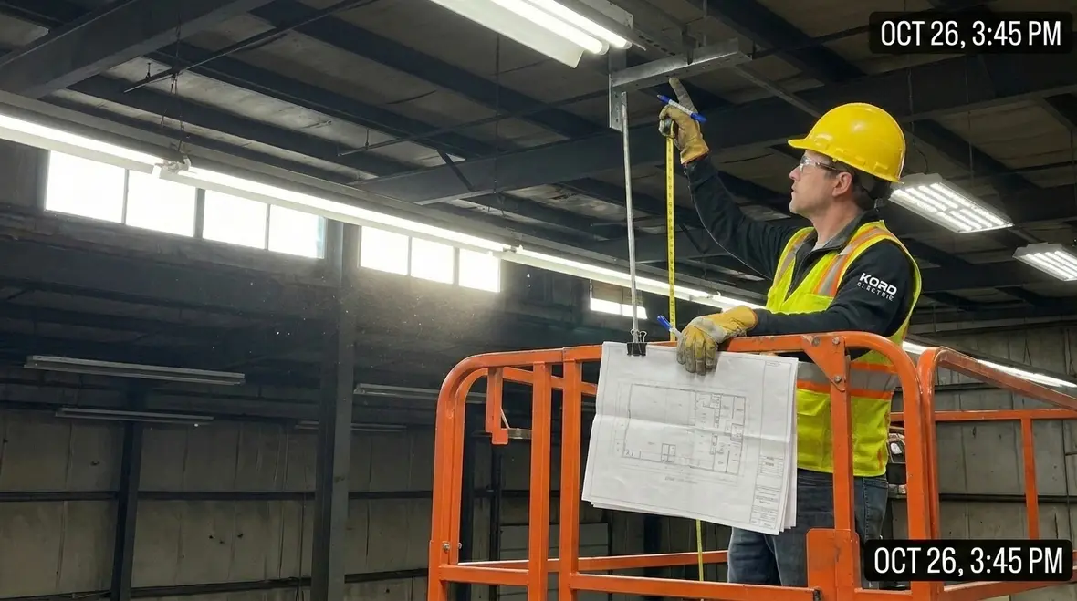 Technicians performing LED retrofit in an active warehouse with minimal downtime