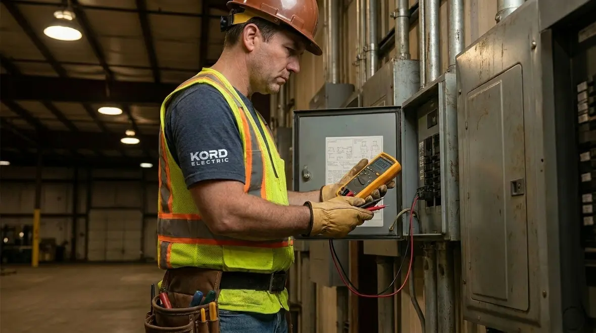 Commercial electrical team reviewing voltage stability for warehouse LED lighting