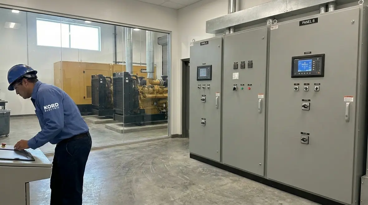 Technician reviewing facility power redundancy solutions for critical loads