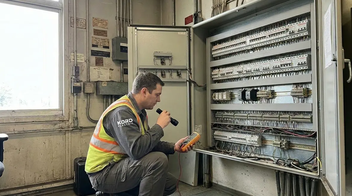 Technician commissioning modern industrial lighting control systems in a commercial facility