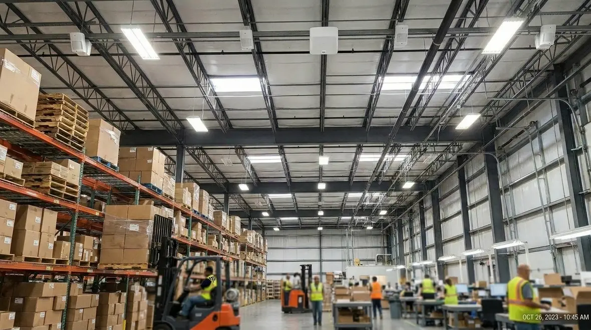 Warehouse aisle with upgraded industrial lighting sensors
