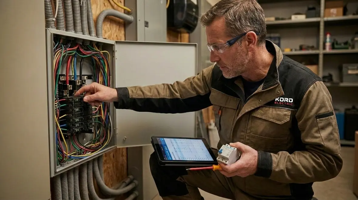 Technician inspecting a commercial electrical subpanel for early warning signs
