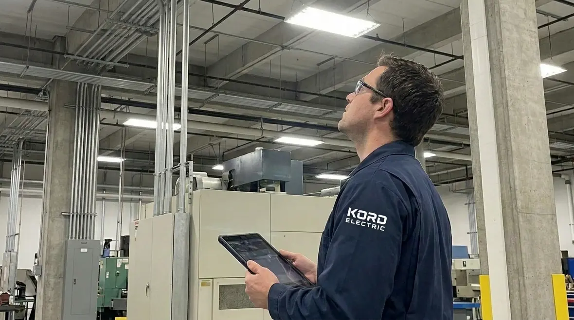 Technicians auditing industrial lighting before LED retrofit