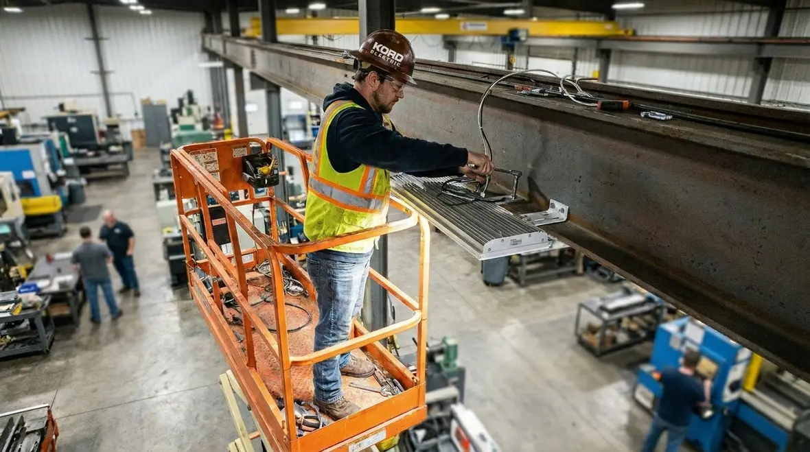 Moisture and dust rated industrial lighting fixtures installed in a plant