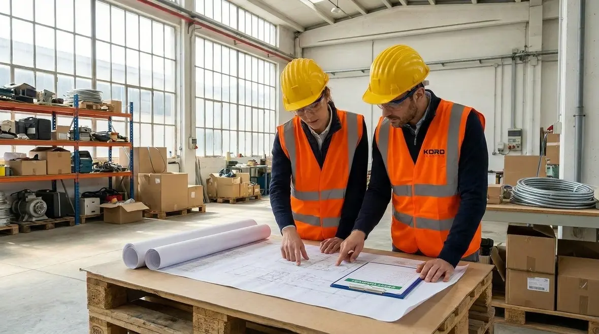 Technicians reviewing industrial lighting safety compliance guide on a facility floor