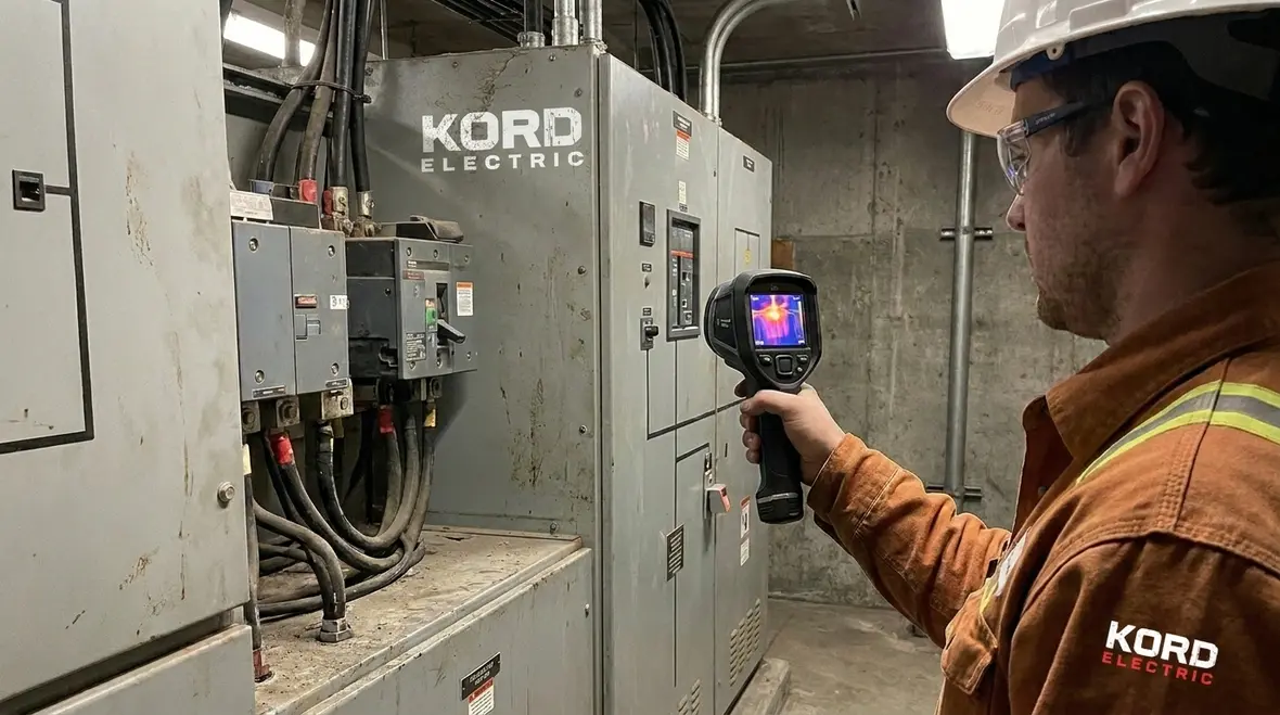 Technician performing a commercial building electrical audit in a modern facility