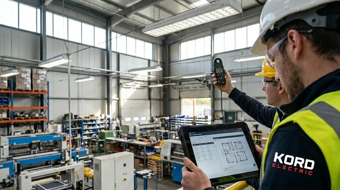 Technician performing LED retrofit ROI analysis in a commercial facility