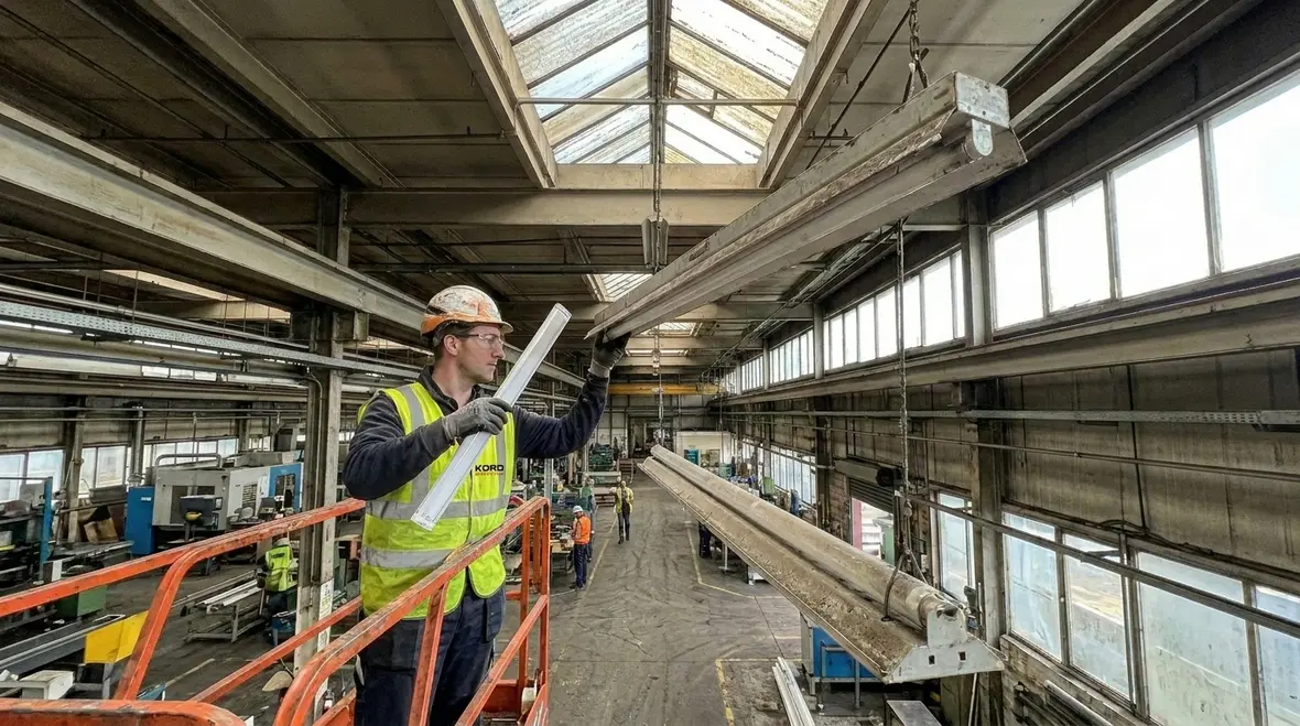 LED retrofit fixtures delivering consistent light levels in an industrial facility
