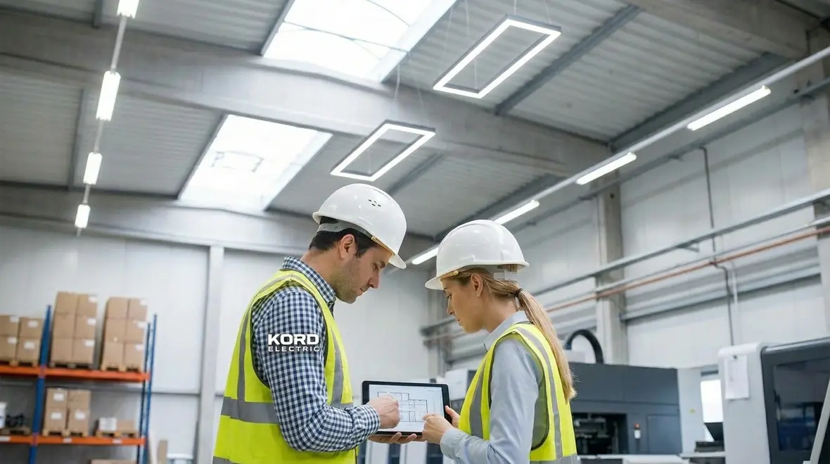 Technicians reviewing LED retrofit ROI analysis in a manufacturing plant