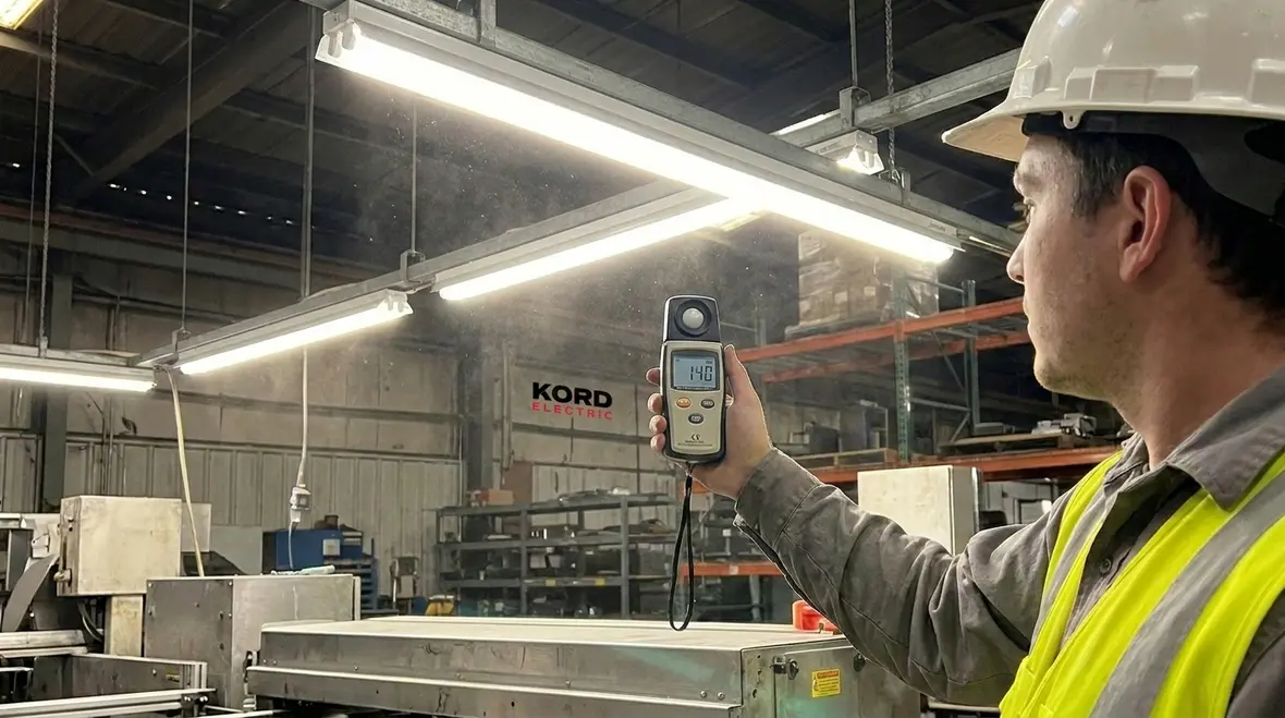 Electricians upgrading panels and wiring during an LED retrofit project