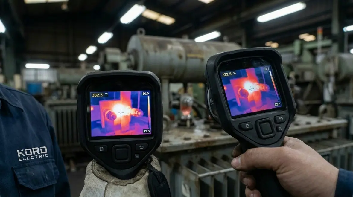 Technician performing infrared thermography on commercial electrical equipment