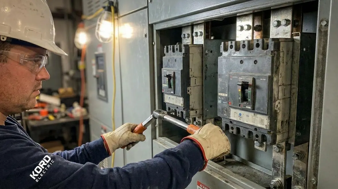 Technician checking overloaded circuits and motor loads in a manufacturing facility
