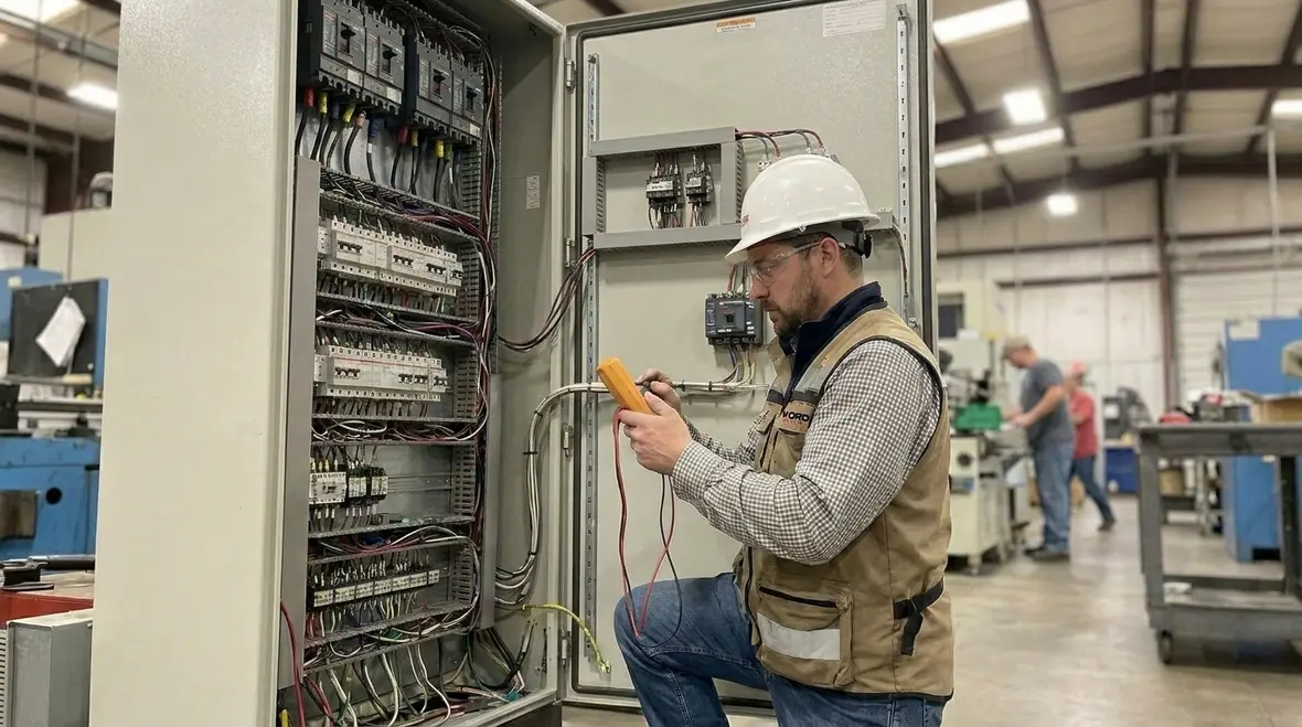 Industrial electrician performing Manufacturing Electrical Troubleshooting on a production line panel