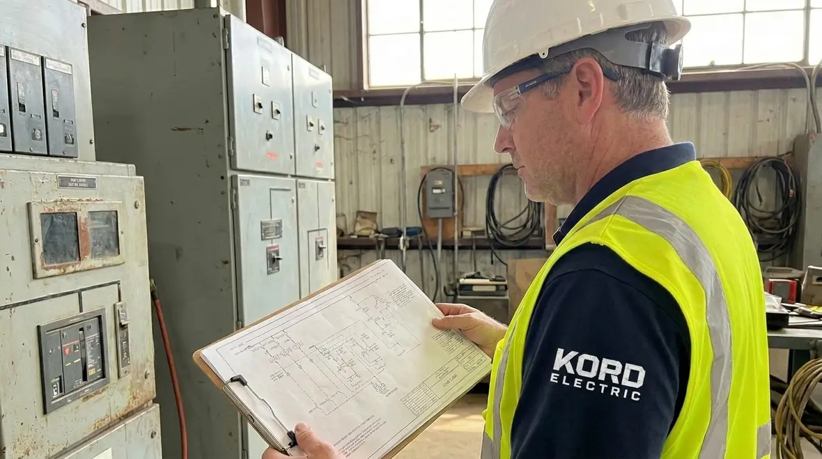 Technician performing an industrial preventative electrical maintenance inspection