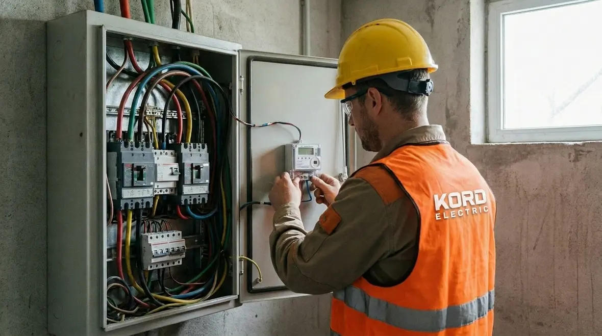 Technician reviewing energy monitoring data for a commercial electrical system