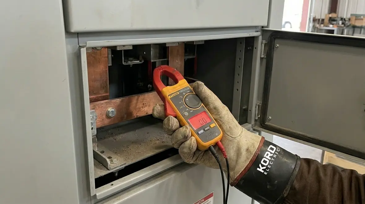Technician performing preventive electrical maintenance in a commercial facility