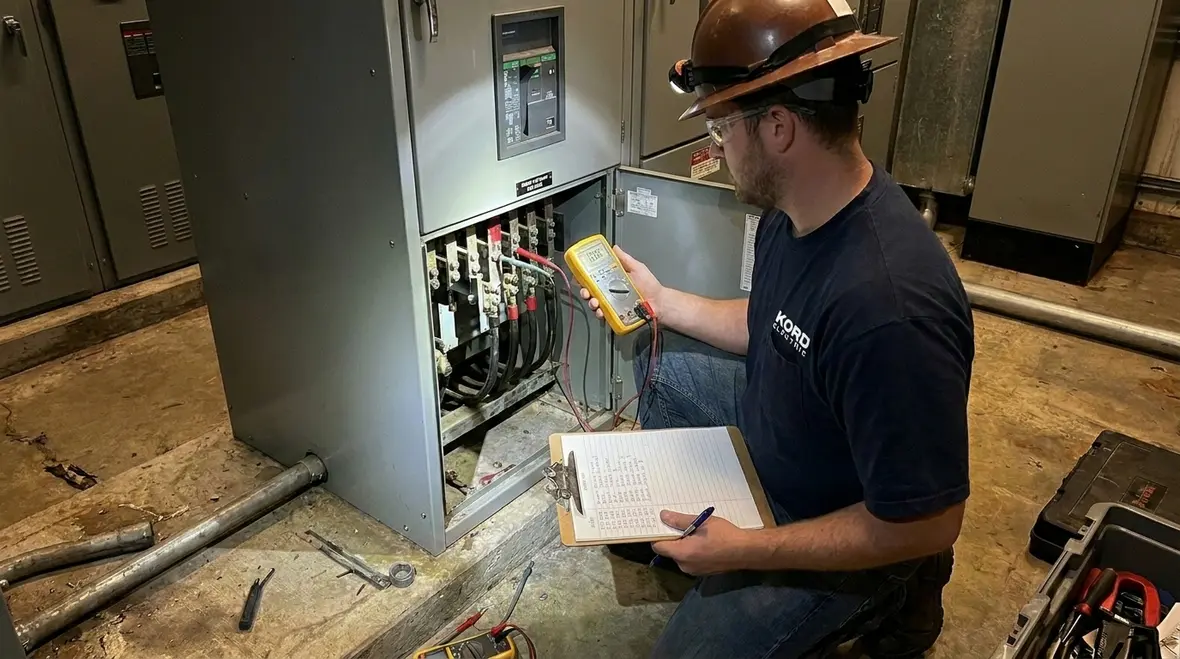Control room team walking through commercial electrical emergency procedures