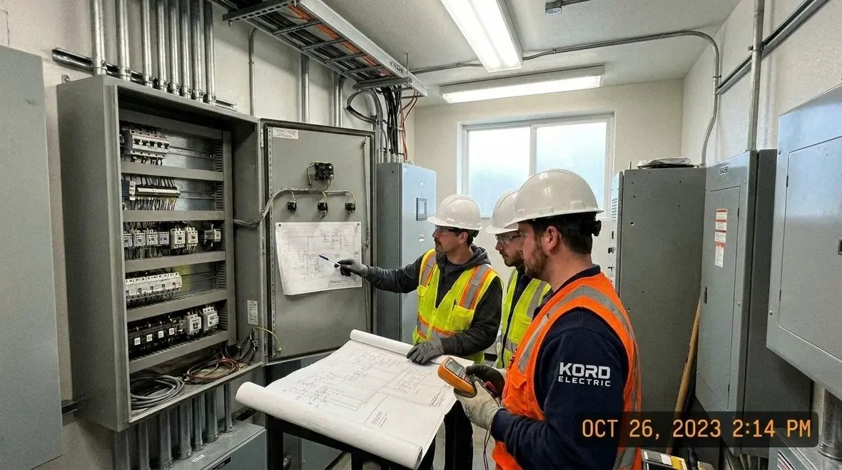 Technician reviewing a commercial electrical emergency response plan in a switchgear room