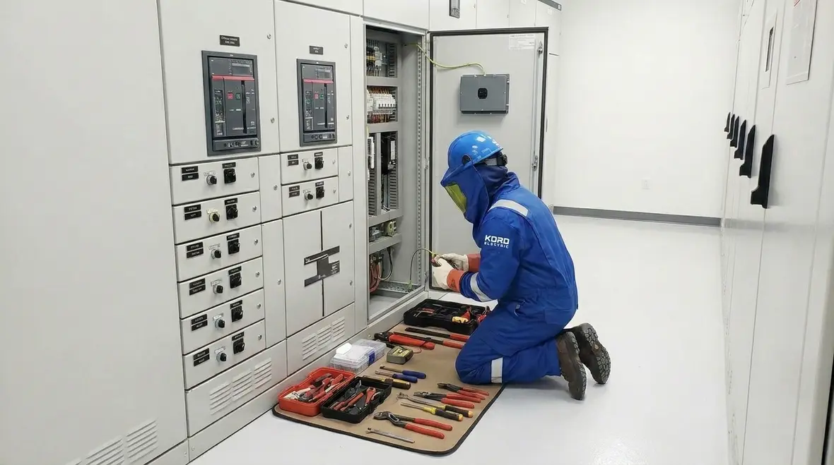 Technician performing preventive maintenance for industrial switchgear in a commercial electrical room