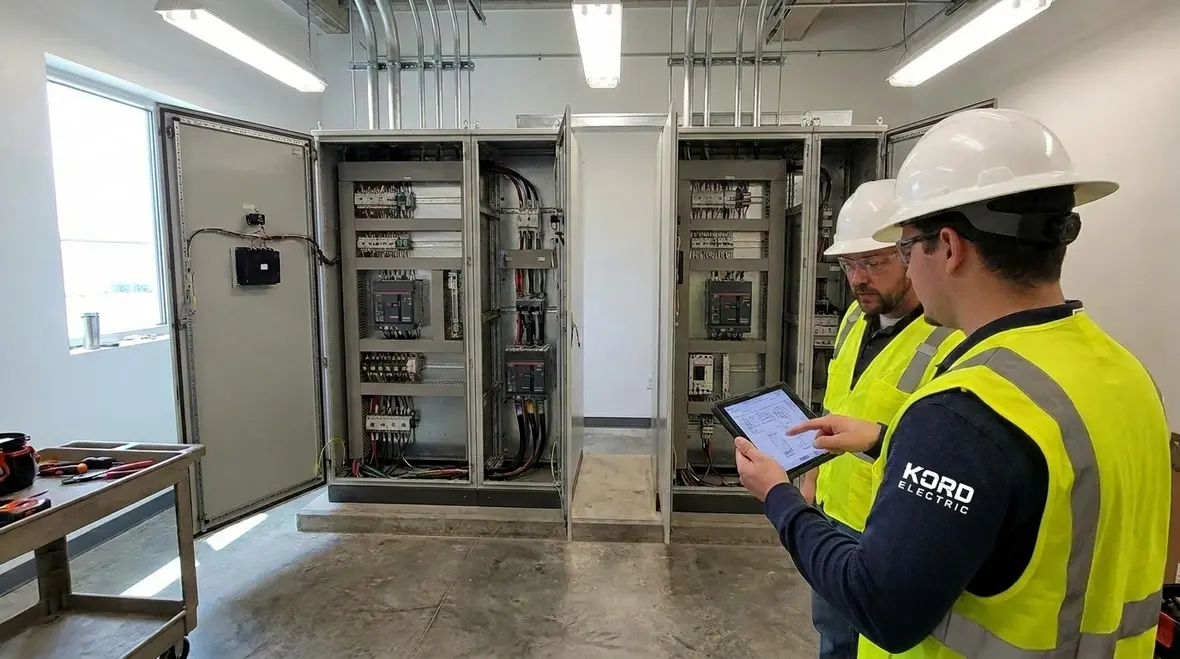 Kord Electric technicians reviewing industrial switchgear maintenance plans