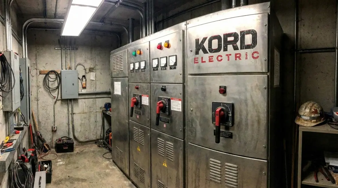 Technician inspecting emergency power supply switchgear in a commercial facility