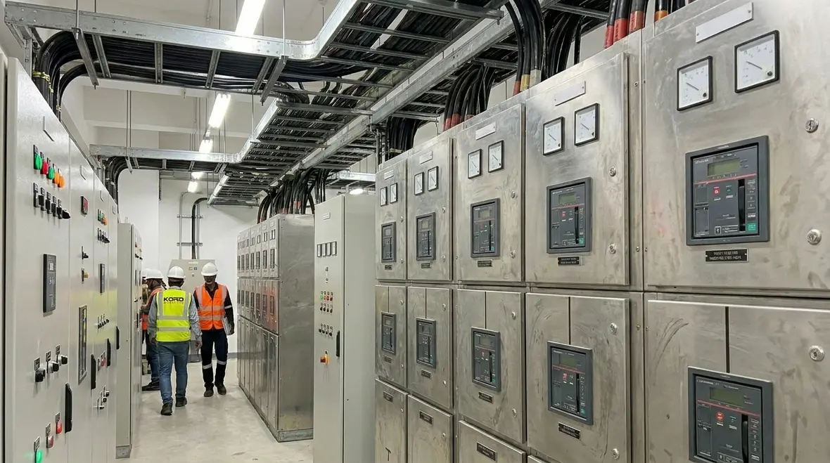 Technicians reviewing smart factory power upgrades in an industrial control room