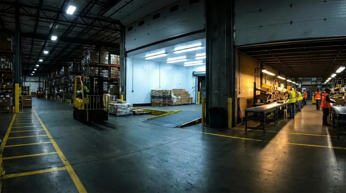 Technician planning smart lighting control zones around equipment and traffic patterns