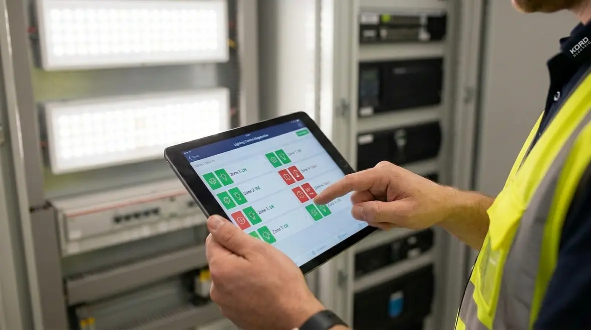 Facility team reviewing smart lighting system diagnostics dashboard