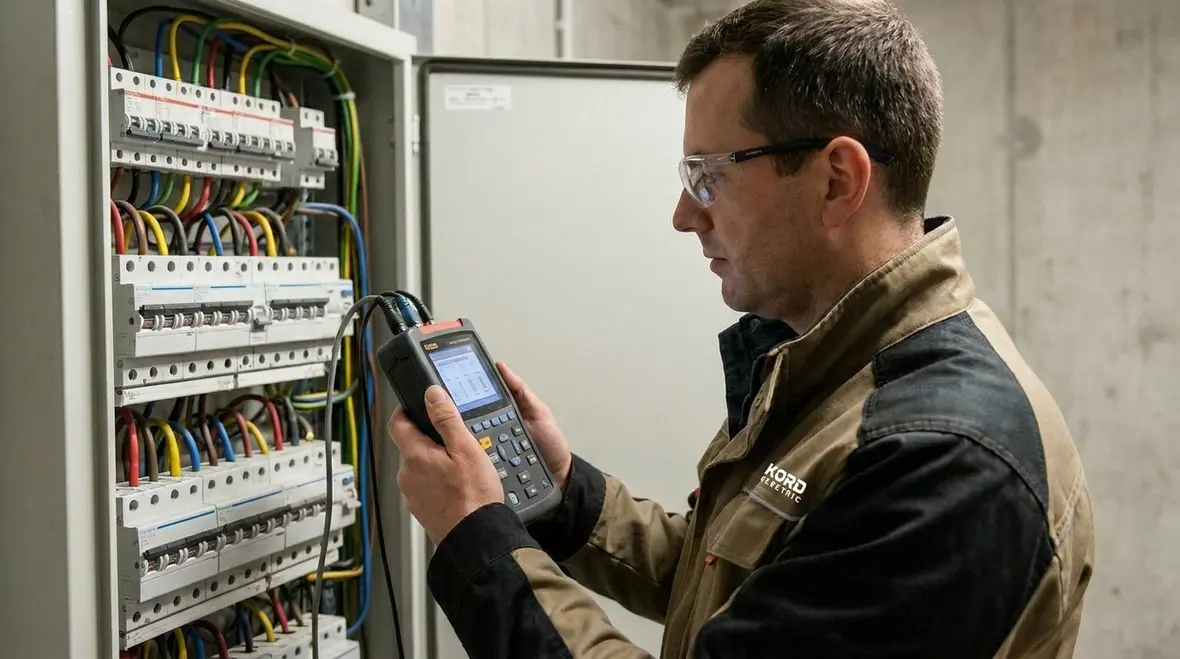 Technician performing load assessment and power quality checks in a commercial electrical room