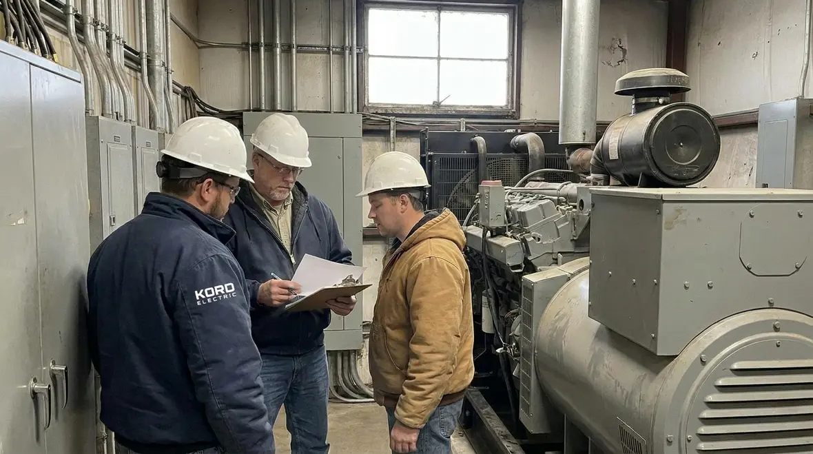 Facility team reviewing a commercial emergency power planning map in a multi tenant building