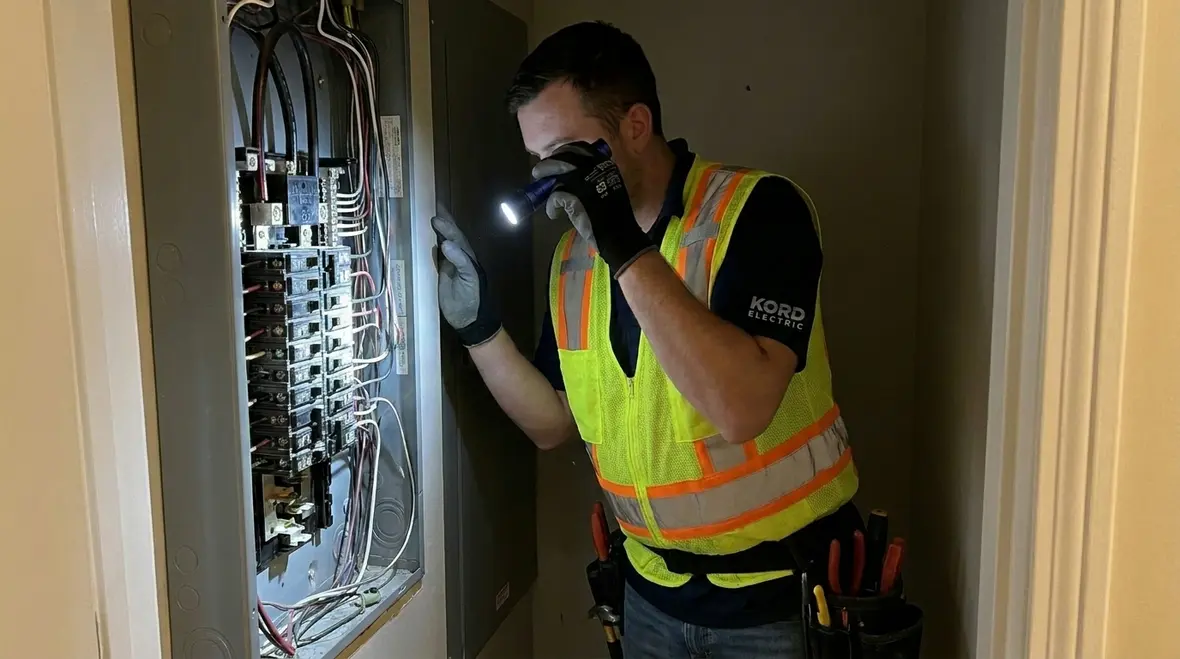 Technician inspecting a commercial electrical panel for intermittent faults