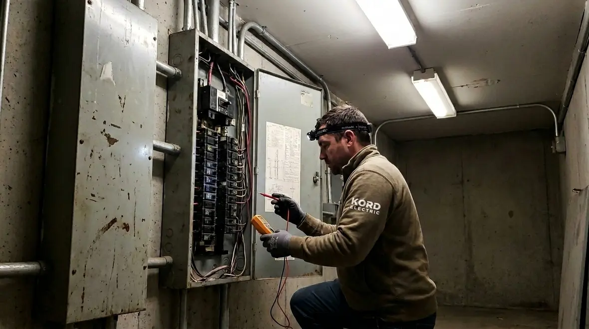 Electrician performing Troubleshooting Intermittent Commercial Electrical Issues in a commercial panel