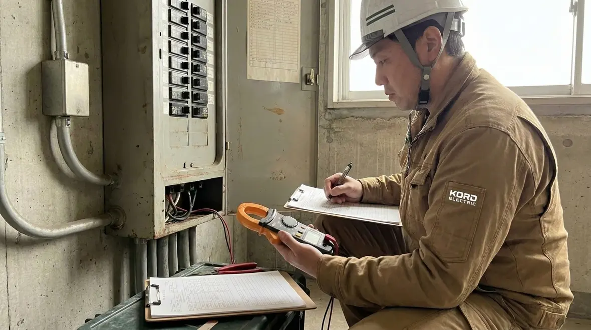 Technician measuring power quality and voltage stability in a commercial panel
