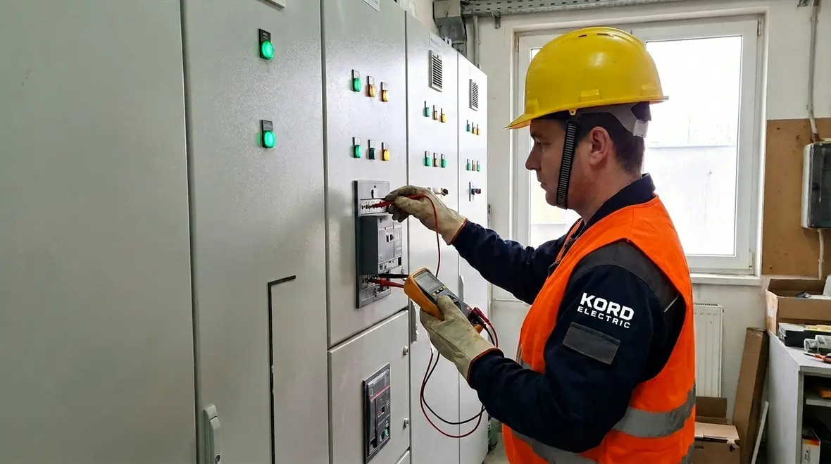 Technician troubleshooting commercial electrical voltage issues inside a service room