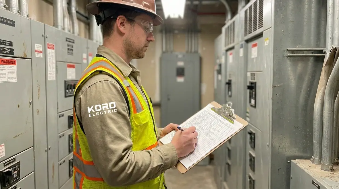 Technician performing electrical preventive maintenance checklist in a commercial electrical room