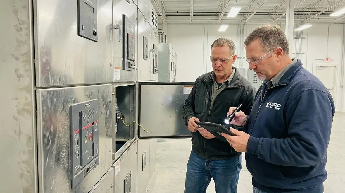Technicians performing a facility electrical infrastructure assessment in a commercial warehouse