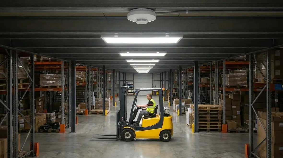 Warehouse lighting controls matched to motion and schedules