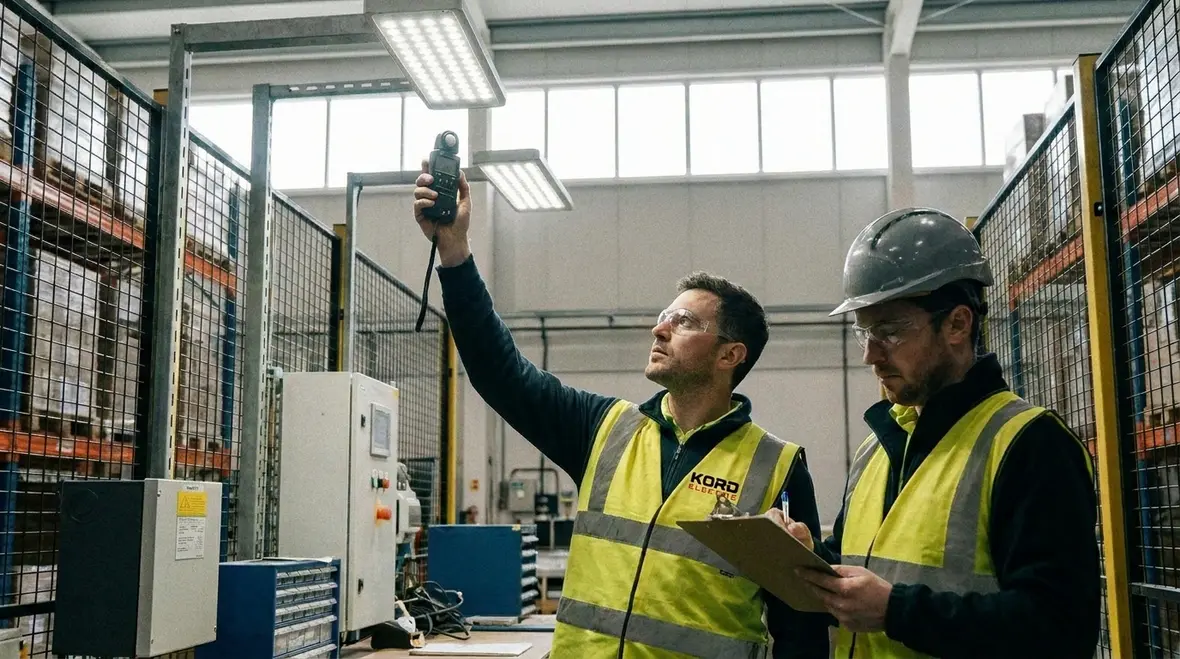 Technician performing a warehouse lighting energy audit