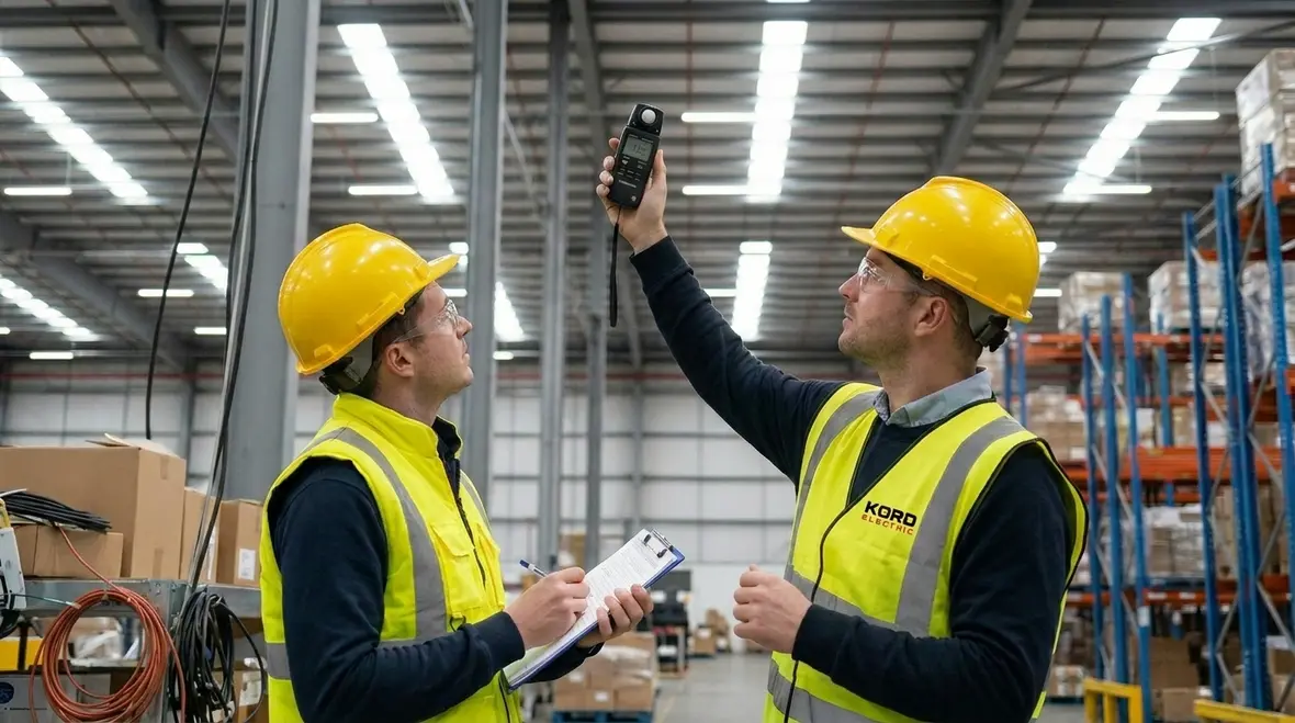 Technicians auditing existing warehouse lighting layout and controls