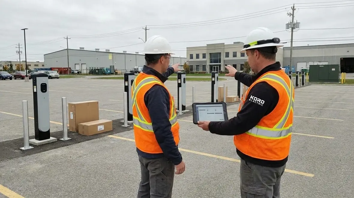 Technician performing an electric vehicle charging site survey at a commercial facility