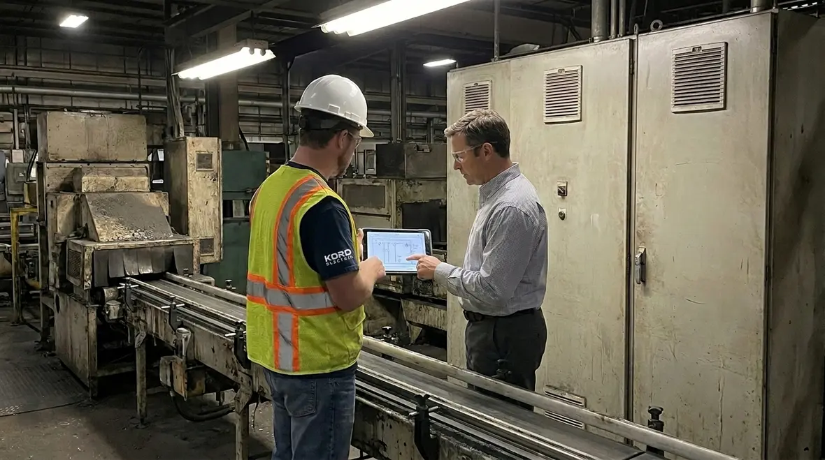 Technicians performing early stage electrical inspection and testing in an industrial plant