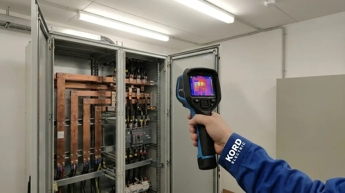 Electrical maintenance technician reviewing a manufacturing facility maintenance plan