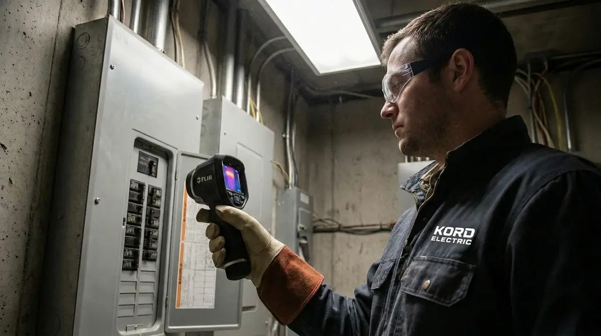 Technician inspecting commercial electrical panel to help in avoiding electrical fires in business