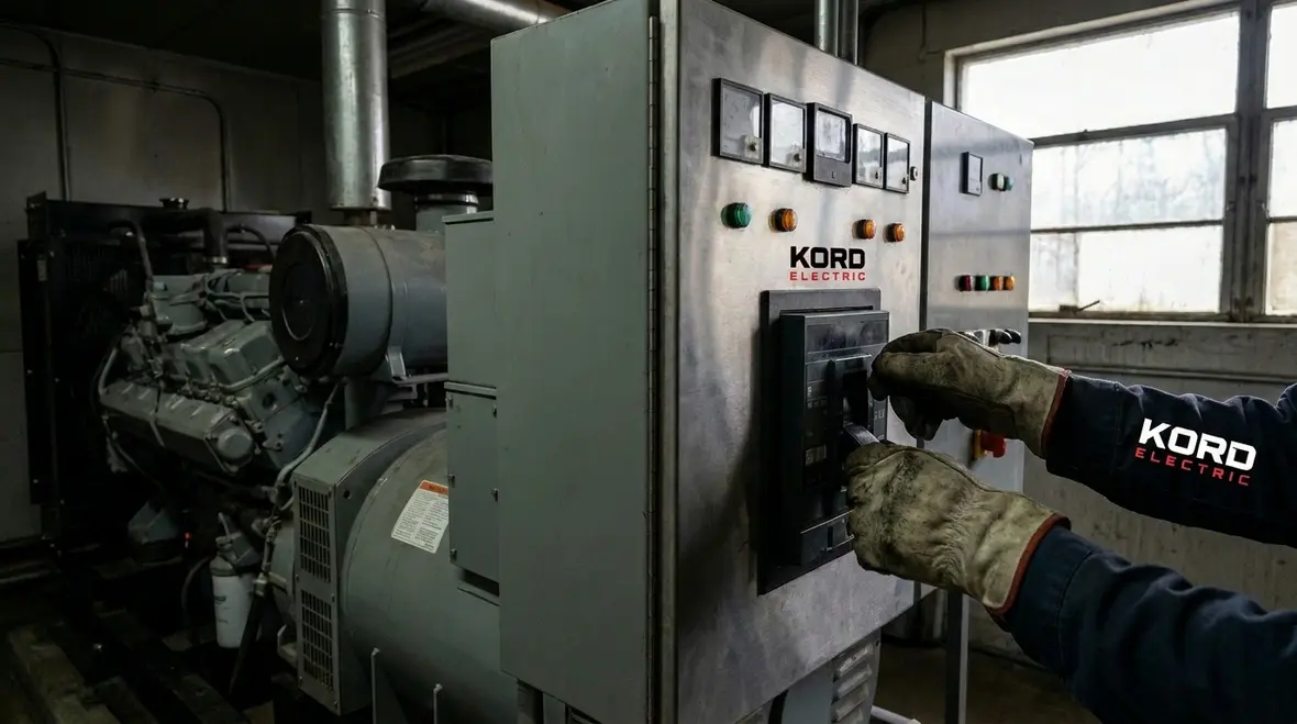 Technicians reviewing backup generator load management sequence during facility outage testing